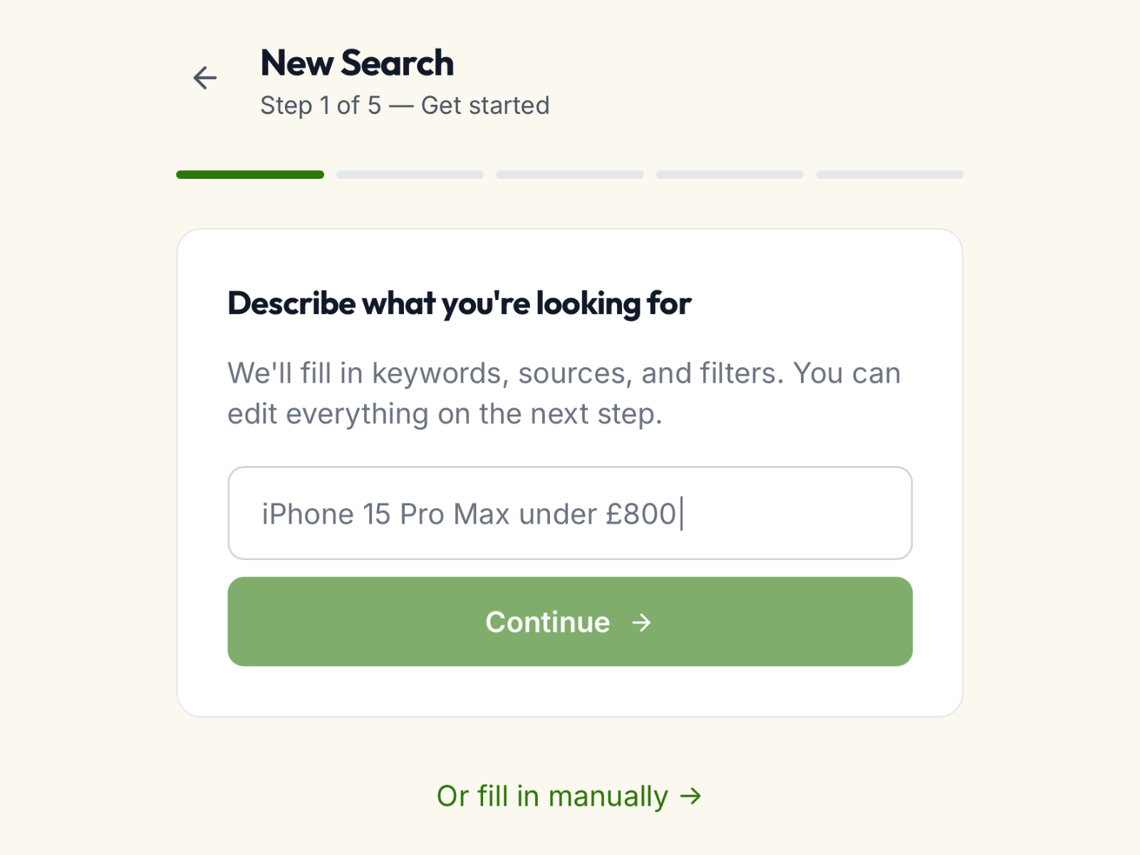 Describing a search in plain words on the New Search screen