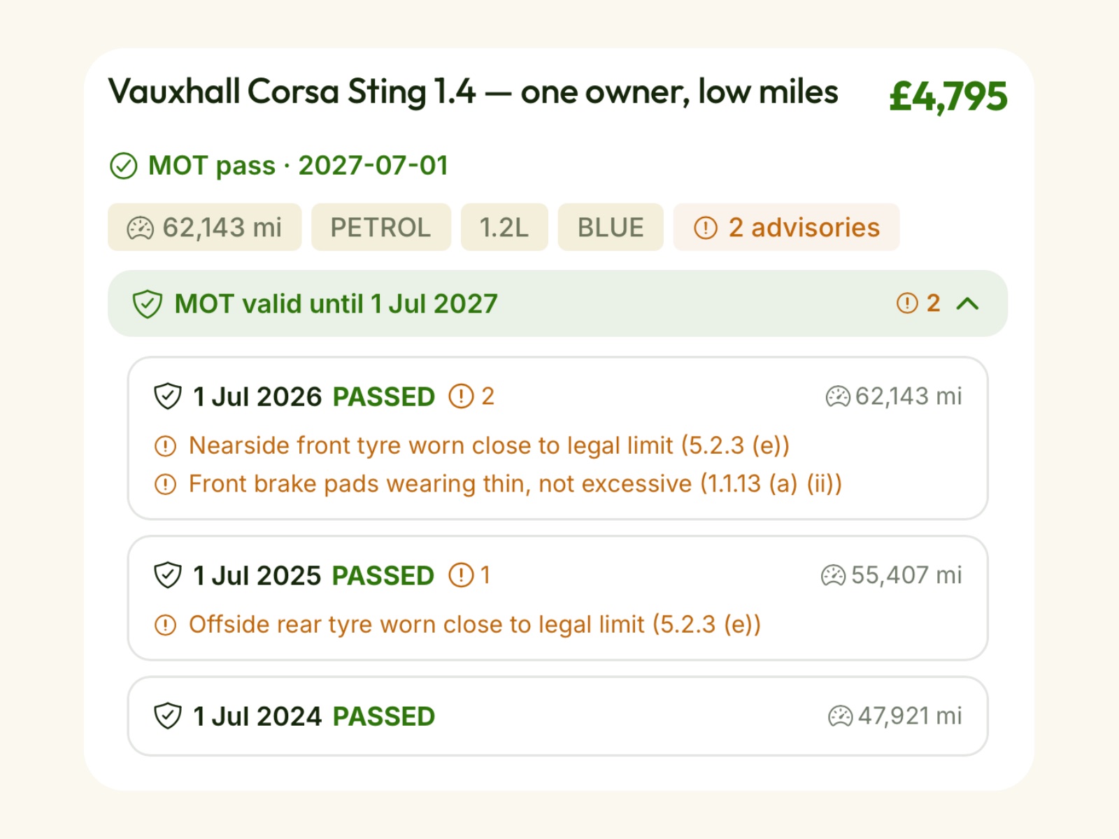A car alert card showing full DVSA MOT history